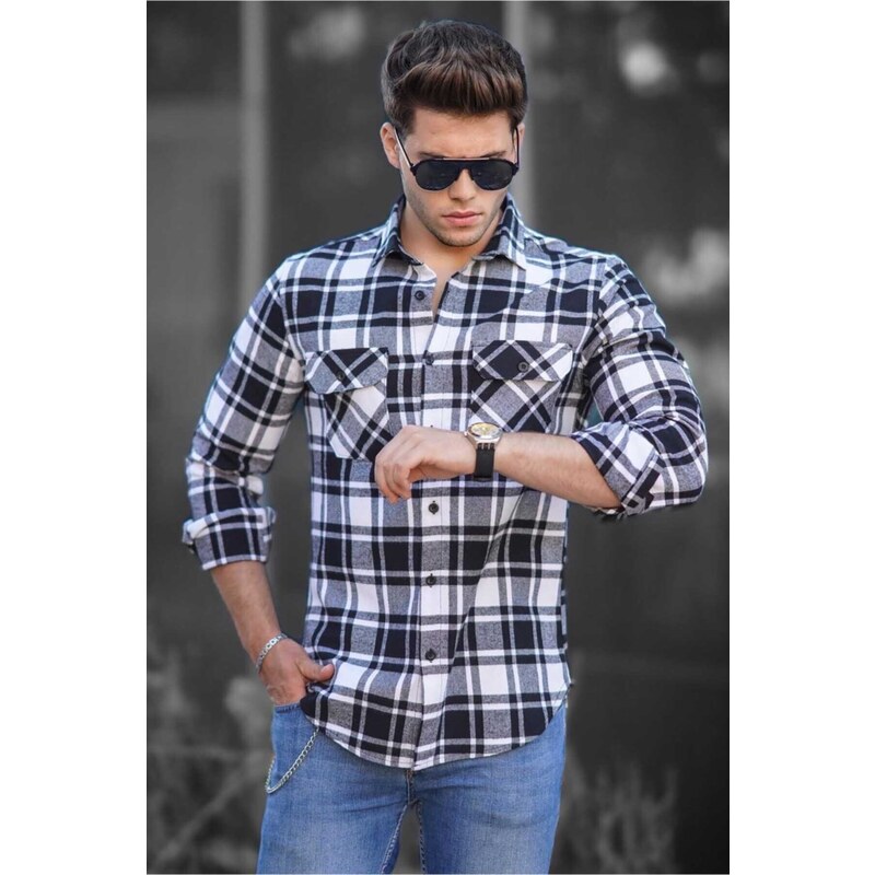 Madmext Men's White Plaid Shirt 4686