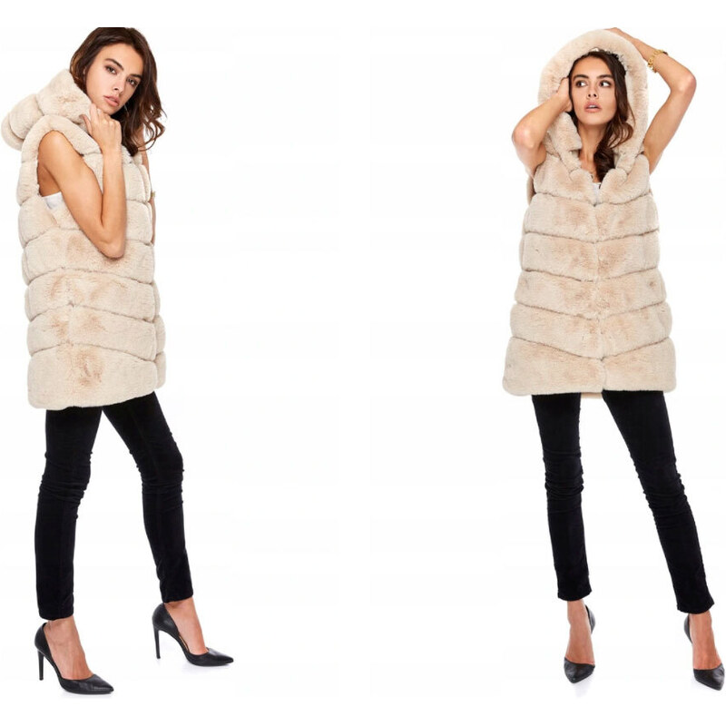 Fashionweek Chlupatá kožešinová vesta s kapuci DELUX EXCLUSIVE MAD03
