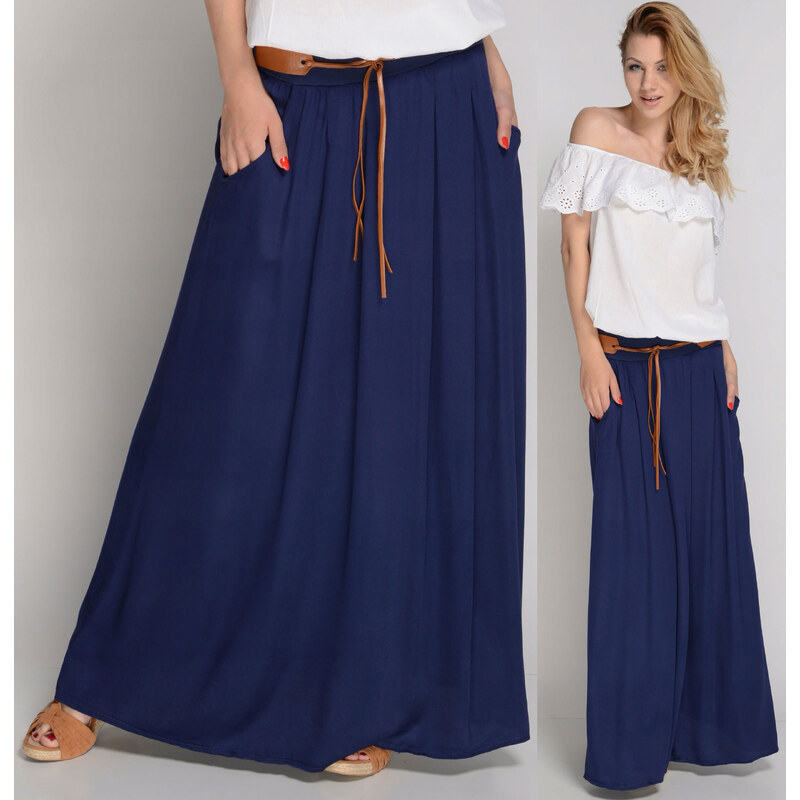 Fashionweek Dámská dlouhá letní sukně s kapsami a páskem ZIZI00