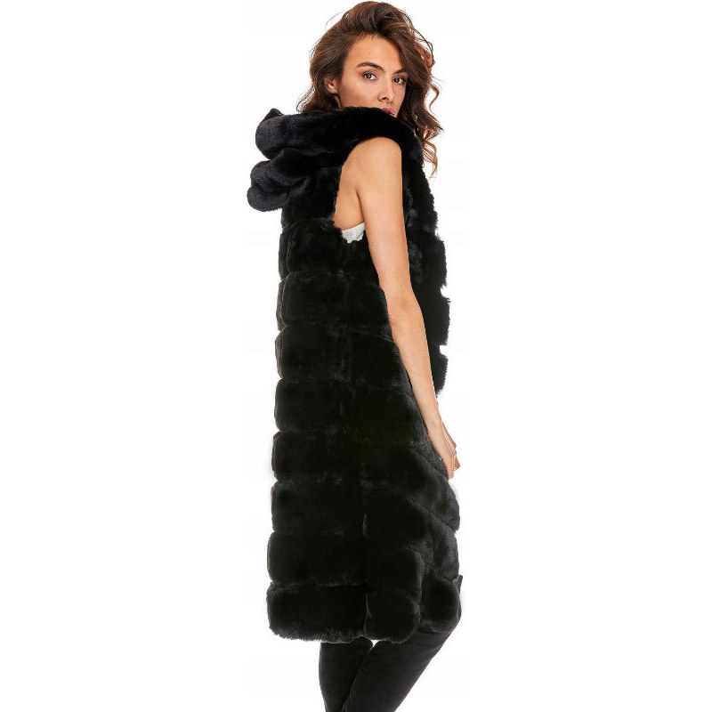 Fashionweek Chlupatá dlouha kožešinová vesta s kapuci PREMIUM KARR02