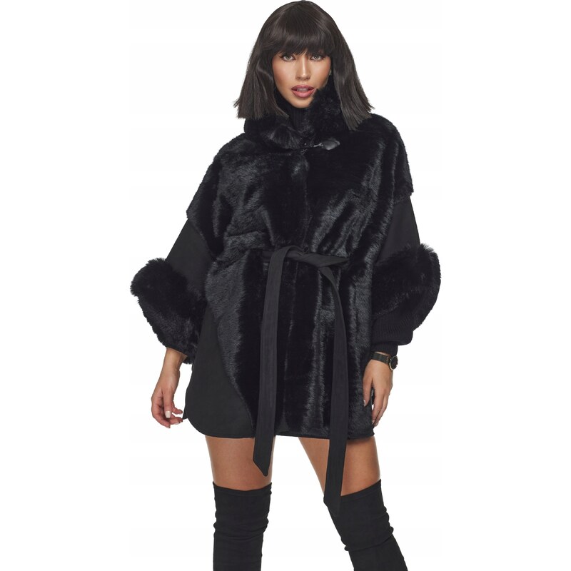 Fashionweek Dámské pončo semišový kabát s kožíškem bunda kabát s kožíškem KARR4624
