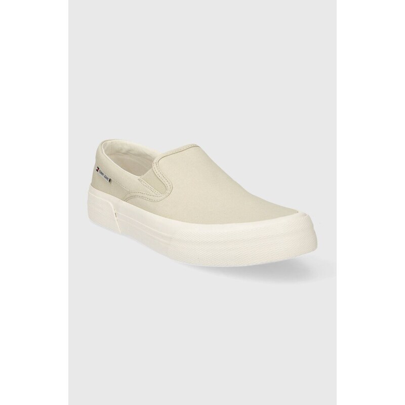 Tenisky Tommy Jeans TJM SLIP ON CANVAS COLOR pánské, béžová barva, EM0EM01366