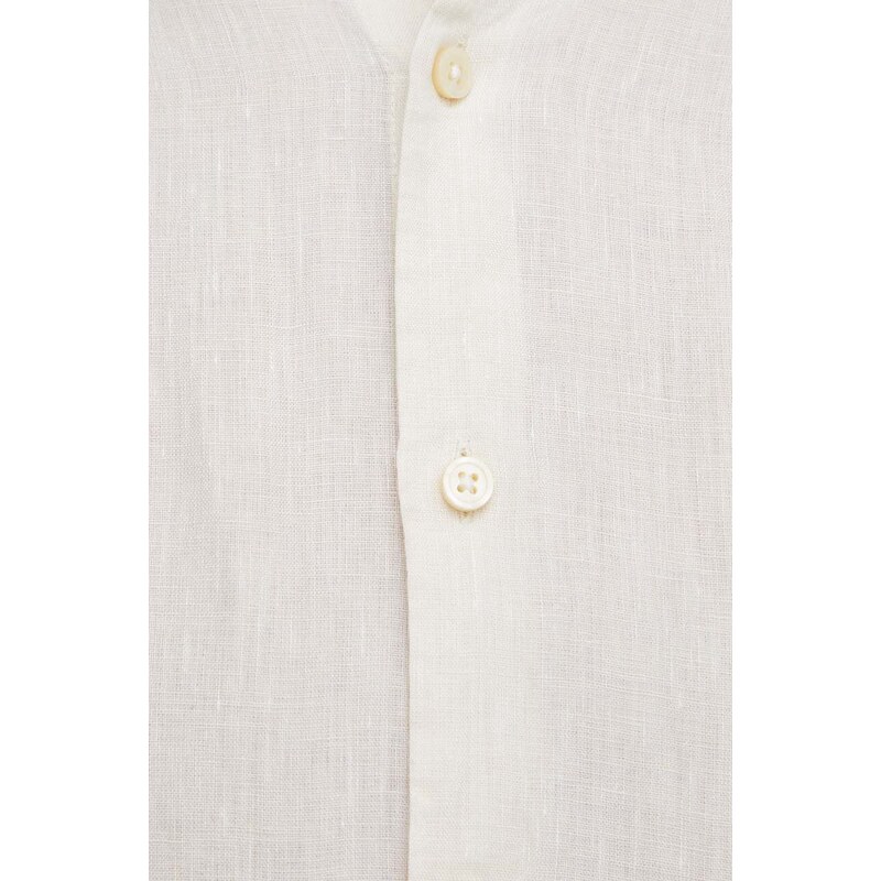Lněná košile BOSS béžová barva, regular, s límečkem button-down