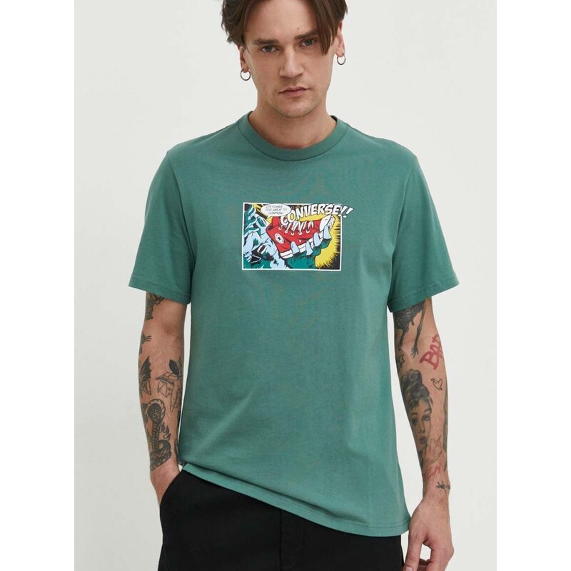 Bavlněné tričko Converse zelená barva, s potiskem