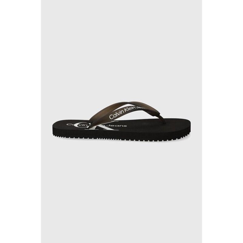 Žabky Calvin Klein Jeans BEACH SANDAL MONOLOGO TPU dámské, černá barva, na plochém podpatku, YW0YW01246