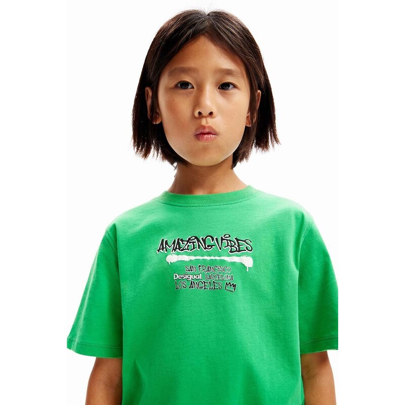 Dětské bavlněné tričko Desigual zelená barva, s potiskem
