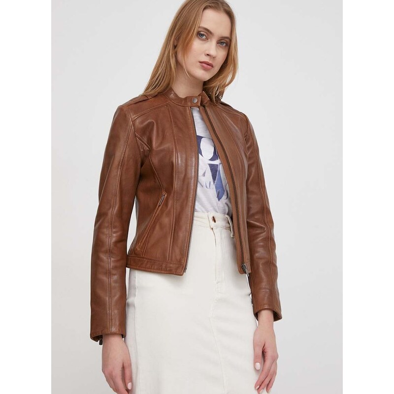 Kožená bunda Pepe Jeans dámská, hnědá barva, přechodná