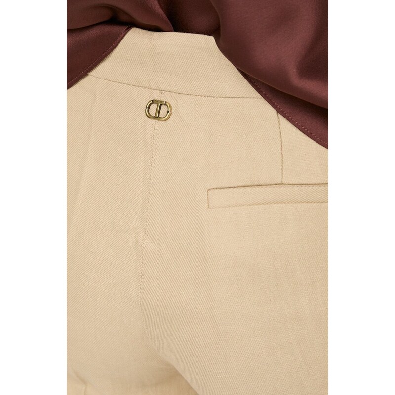 Kalhoty s příměsí lnu Twinset béžová barva, high waist