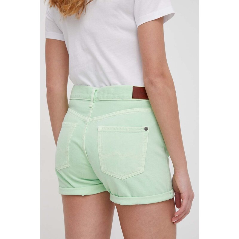 Džínové šortky Pepe Jeans dámské, zelená barva, hladké, high waist