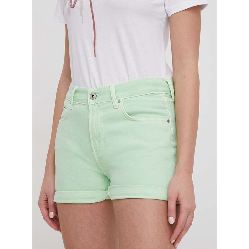 Džínové šortky Pepe Jeans dámské, zelená barva, hladké, high waist