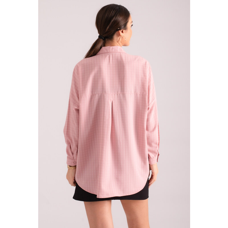 armonika Women's Pale Pink Square Pattern Oversize Long Basic Shirt