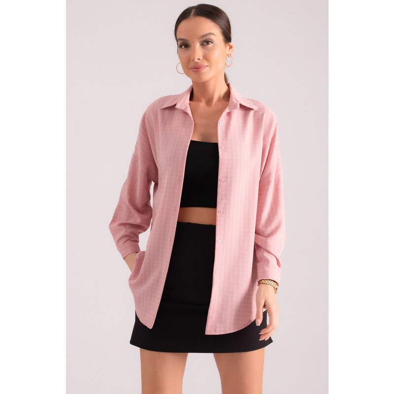 armonika Women's Pale Pink Square Pattern Oversize Long Basic Shirt