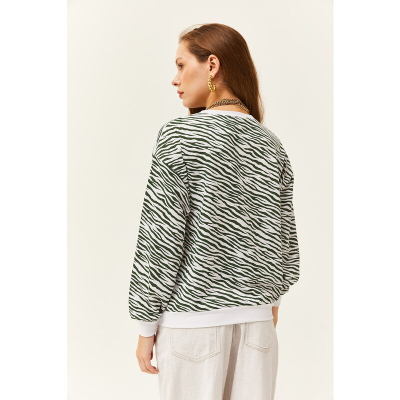 Olalook Women's Zebra Green Basic Soft Textured Loose Sweatshirt