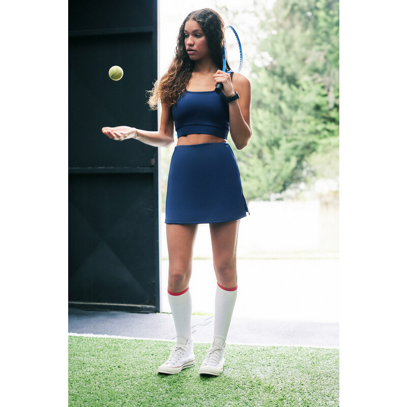 Trendyol Dark Navy Blue Reflector Printed 2 Layer Tennis Knitted Sports Shorts Skirt With Shorts With Pocket