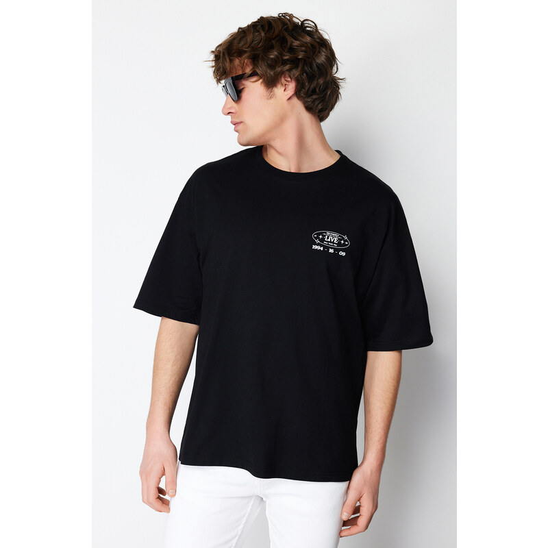 Trendyol Black Oversize/Wide-Fit Space Back Printed 100% Cotton T-shirt