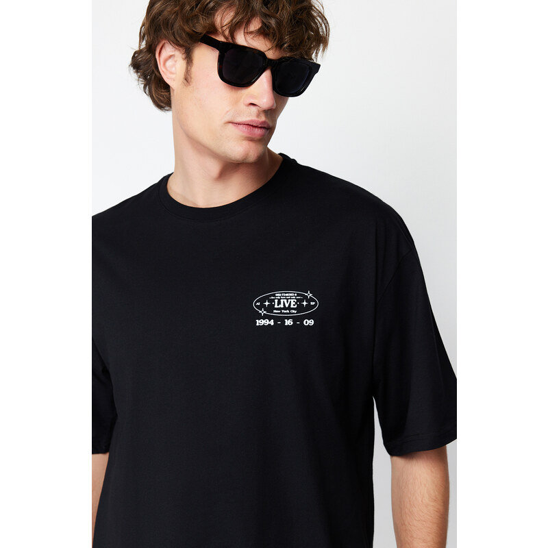 Trendyol Black Oversize/Wide-Fit Space Back Printed 100% Cotton T-shirt