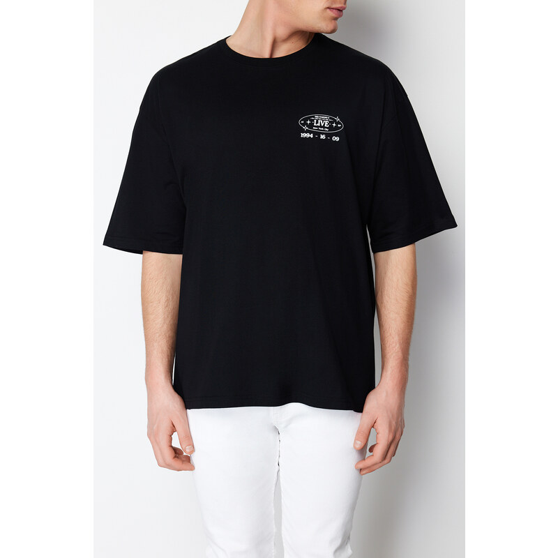 Trendyol Black Oversize/Wide-Fit Space Back Printed 100% Cotton T-shirt