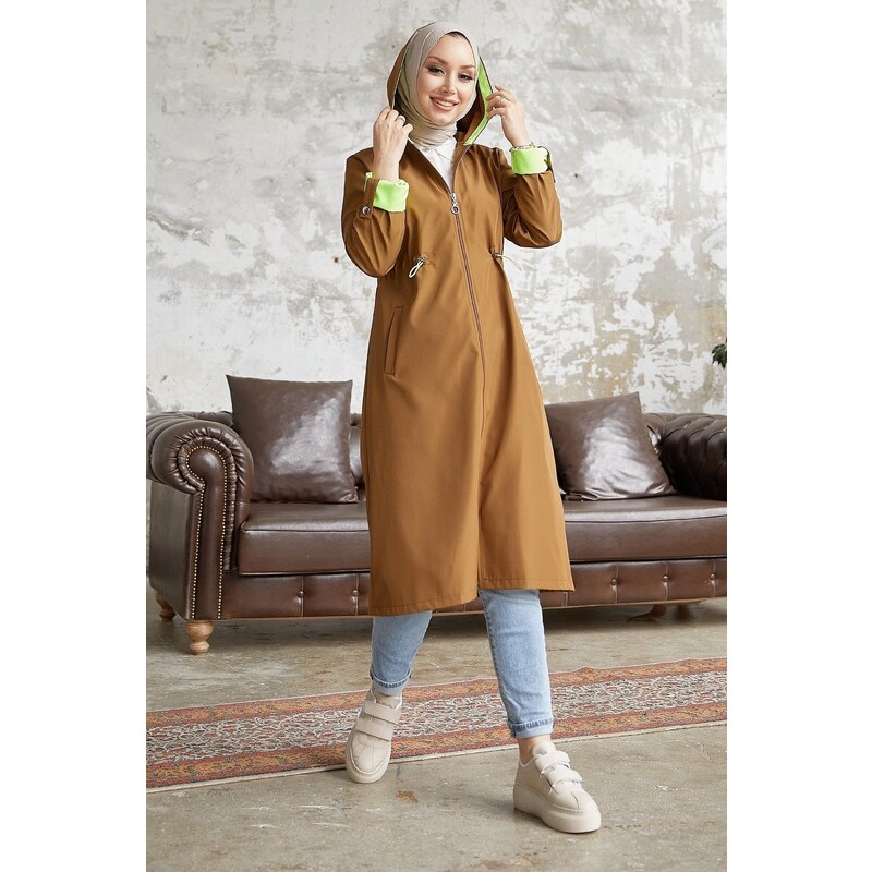 InStyle Neon Trench with Drawstring Waist Hooded - Tan \ Green