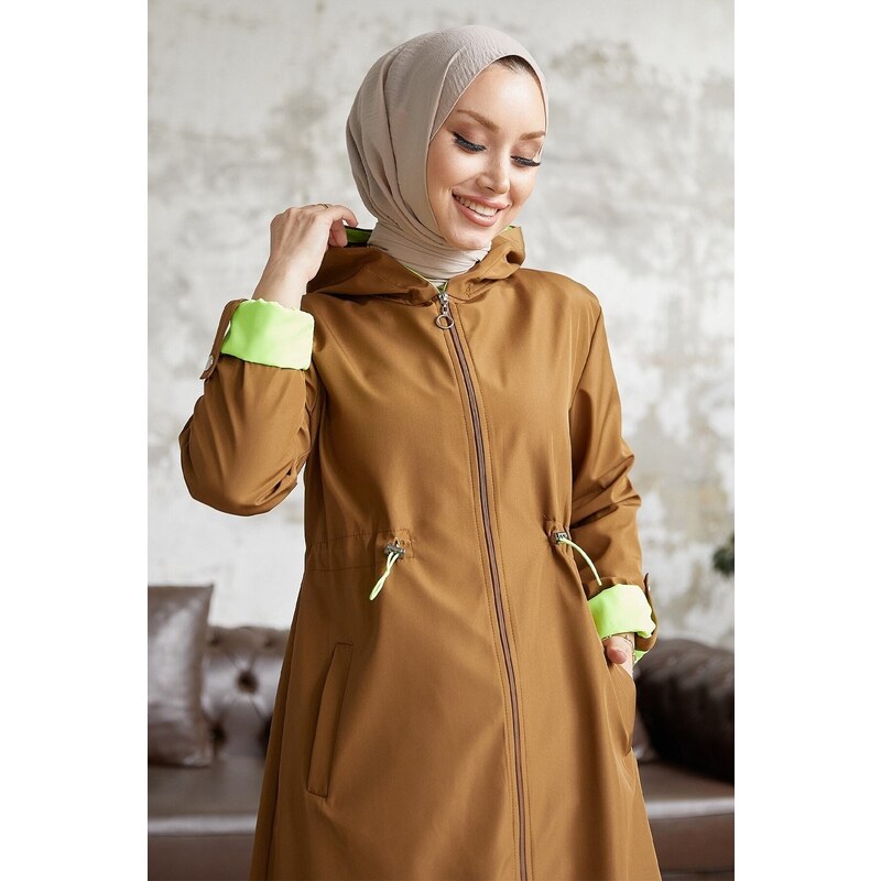 InStyle Neon Trench with Drawstring Waist Hooded - Tan \ Green