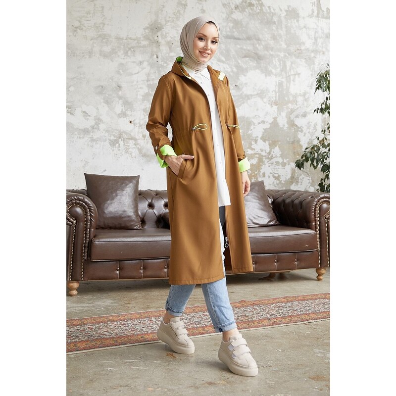 InStyle Neon Trench with Drawstring Waist Hooded - Tan \ Green