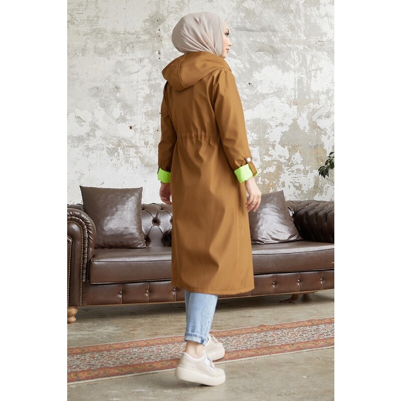 InStyle Neon Trench with Drawstring Waist Hooded - Tan \ Green