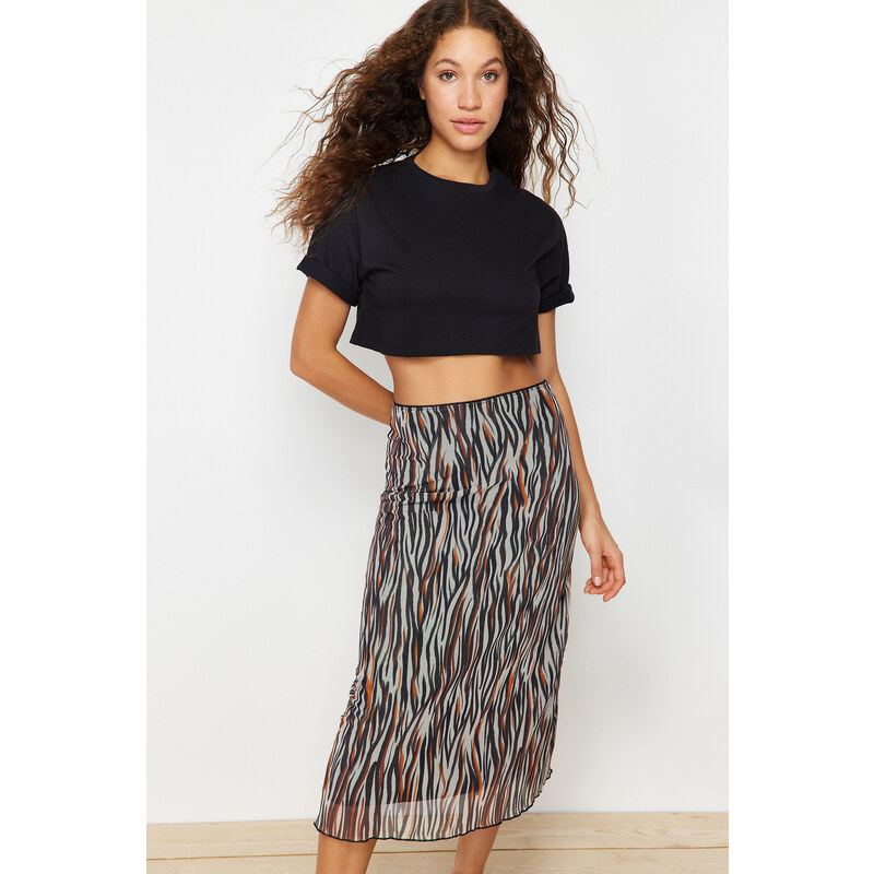 Trendyol Brown Elastic Waist, Printed Midi-Length Lined Tulle Knitted Skirt