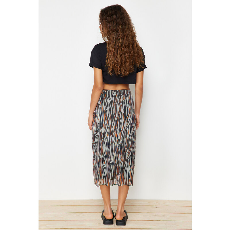 Trendyol Brown Elastic Waist, Printed Midi-Length Lined Tulle Knitted Skirt