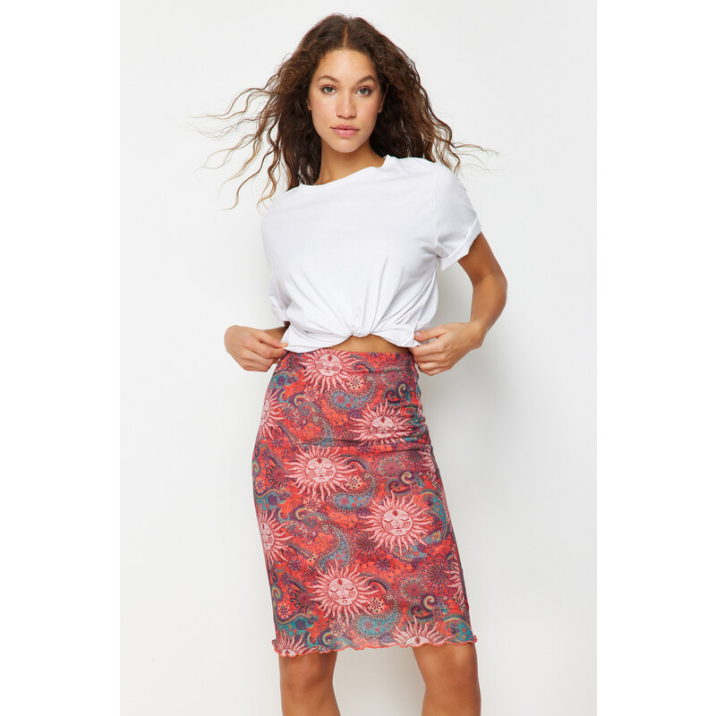 Trendyol Premium Orange Printed Tulle High Waist Lined Midi Knitted Skirt