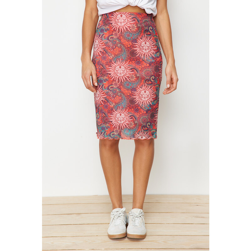 Trendyol Premium Orange Printed Tulle High Waist Lined Midi Knitted Skirt