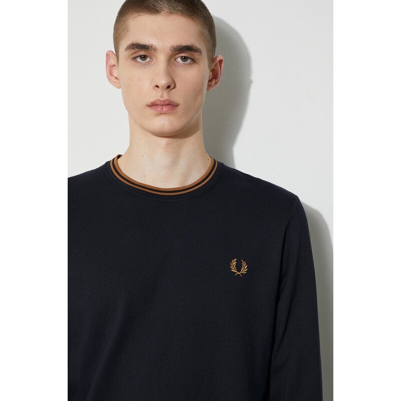 Bavlněné tričko s dlouhým rukávem Fred Perry Twin Tipped T-Shirt tmavomodrá barva, s aplikací, M9602.M68