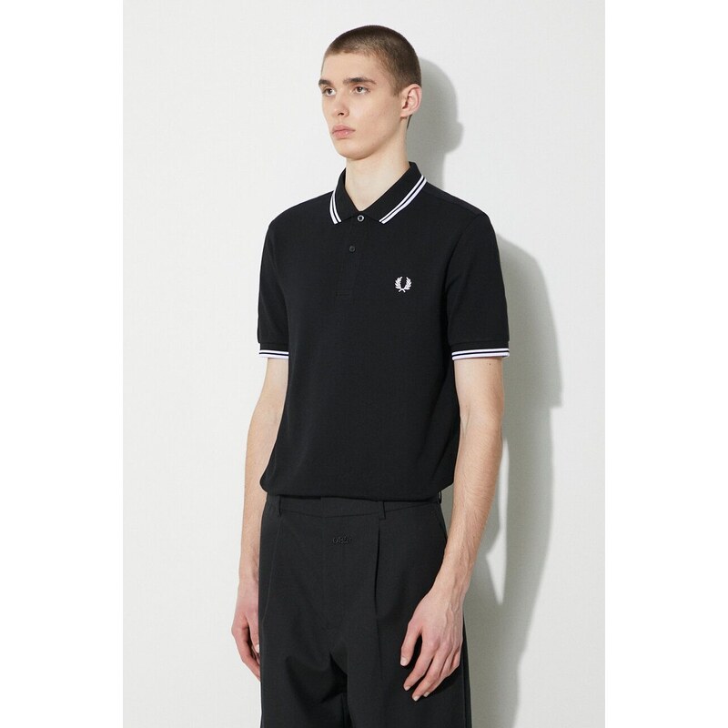 Bavlněné polo tričko Fred Perry Twin Tipped Shirt černá barva, s aplikací, M3600.350