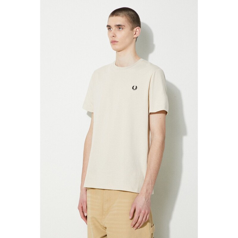 Bavlněné tričko Fred Perry Crew Neck T-Shirt béžová barva, s aplikací, M1600.V54