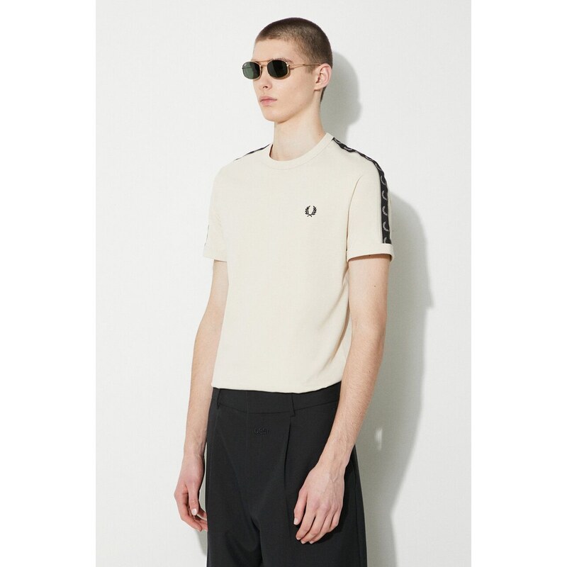 Bavlněné tričko Fred Perry Contrast Tape Ringer T-Shirt béžová barva, s aplikací, M4613.V57