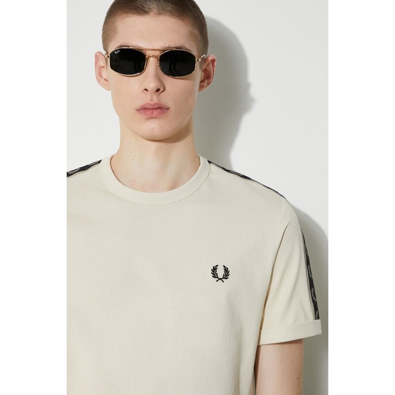 Bavlněné tričko Fred Perry Contrast Tape Ringer T-Shirt béžová barva, s aplikací, M4613.V57