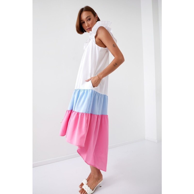 FASARDI Letní šaty na ramínka s delším zadním dílem v modré a růžové barvě