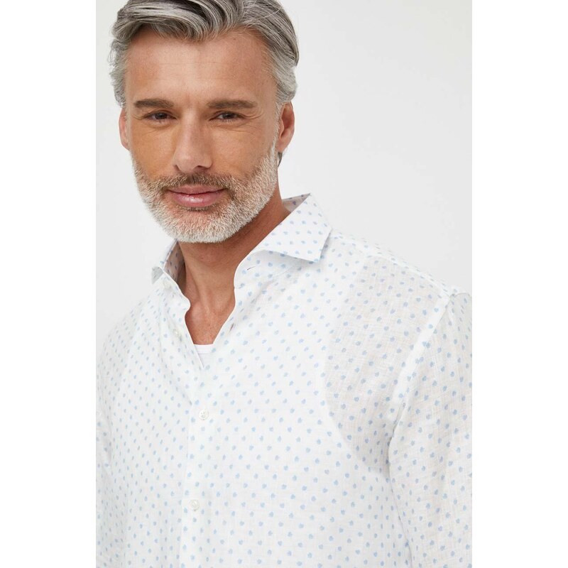 Lněná košile BOSS bílá barva, regular, s italským límcem