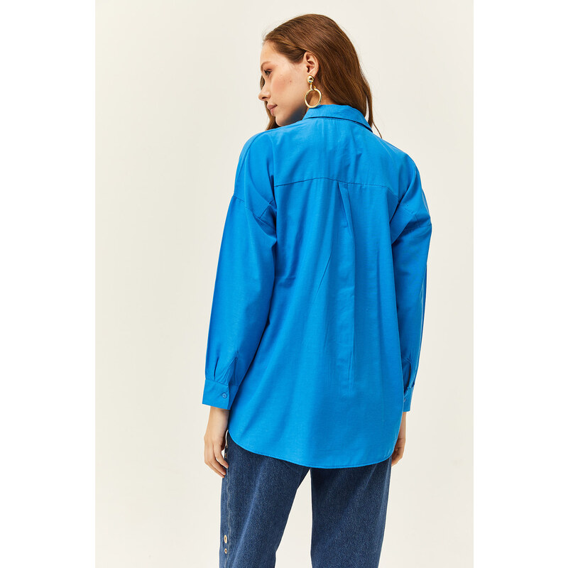 Olalook Women's Saxe Blue Color Sequin Stick Woven Shirt
