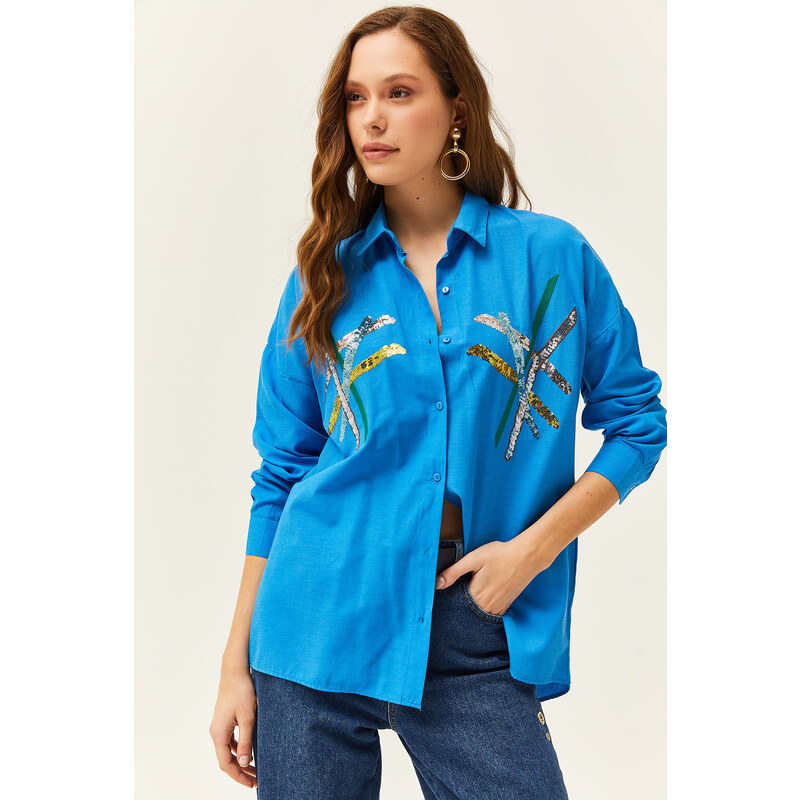 Olalook Women's Saxe Blue Color Sequin Stick Woven Shirt