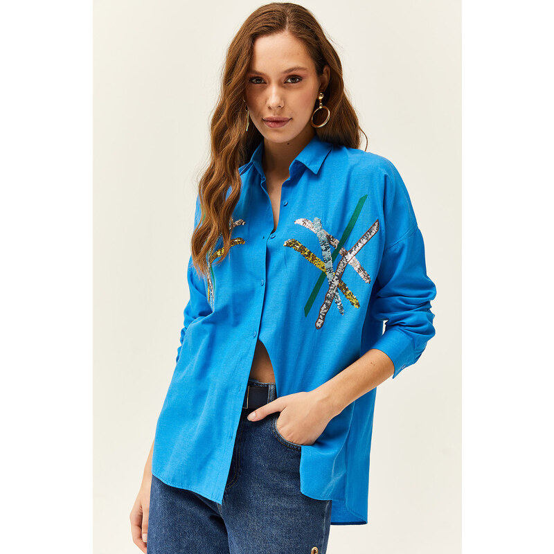 Olalook Women's Saxe Blue Color Sequin Stick Woven Shirt