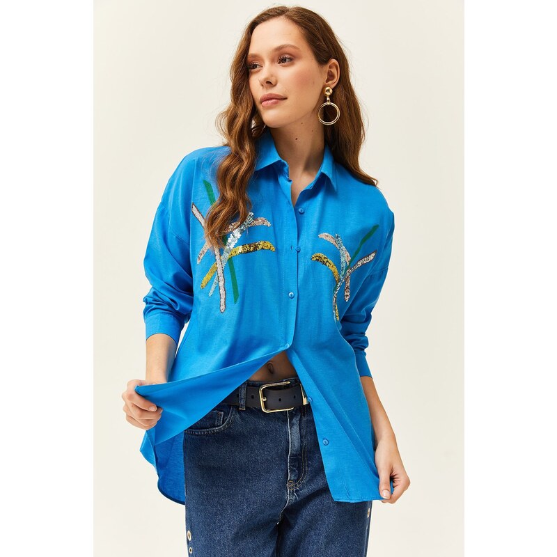 Olalook Women's Saxe Blue Color Sequin Stick Woven Shirt