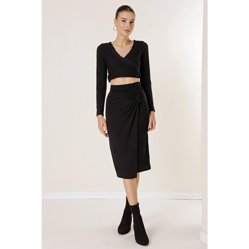 By Saygı Elastic Waist and Front Bow Detail Knitwear Skirt