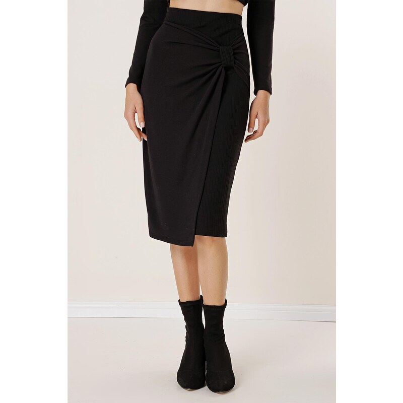 By Saygı Elastic Waist and Front Bow Detail Knitwear Skirt