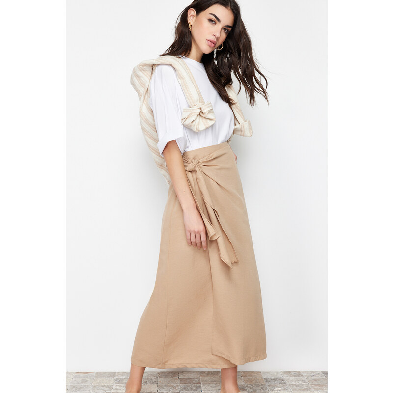 Trendyol Camel Double Breasted Tie Detailed Woven Linen Look Skirt