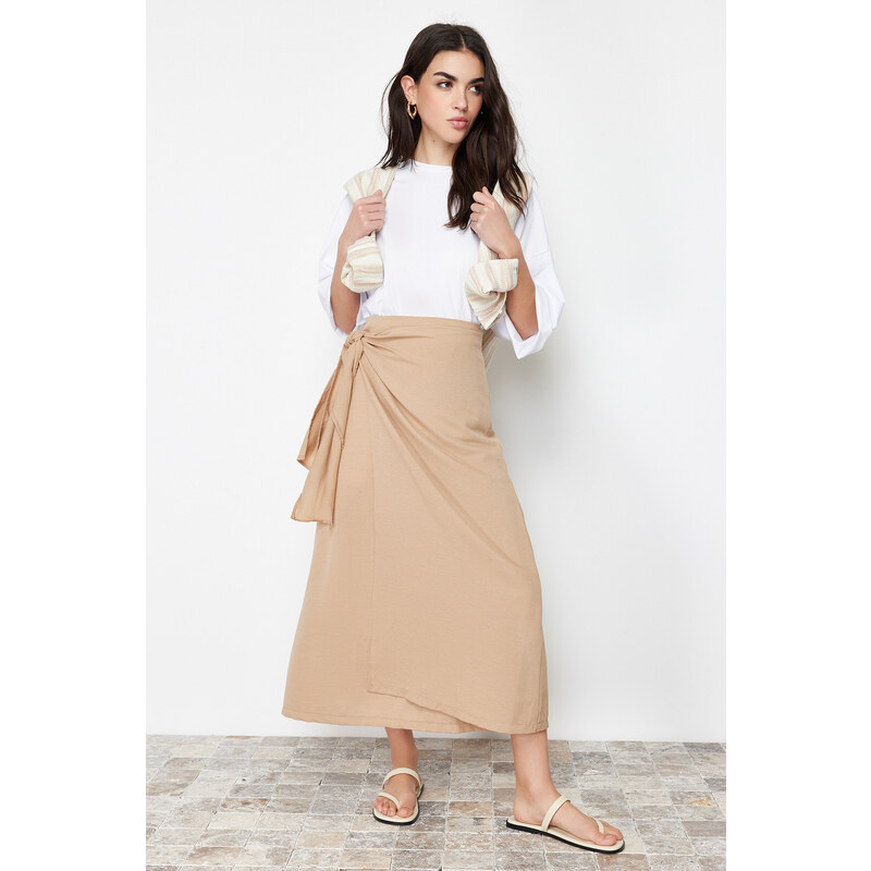 Trendyol Camel Double Breasted Tie Detailed Woven Linen Look Skirt