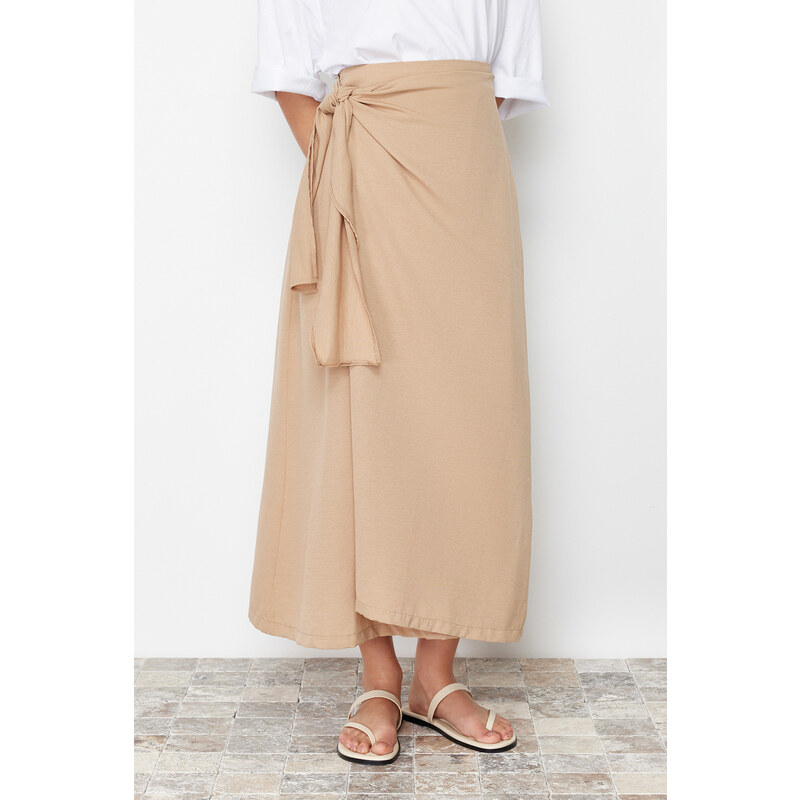 Trendyol Camel Double Breasted Tie Detailed Woven Linen Look Skirt