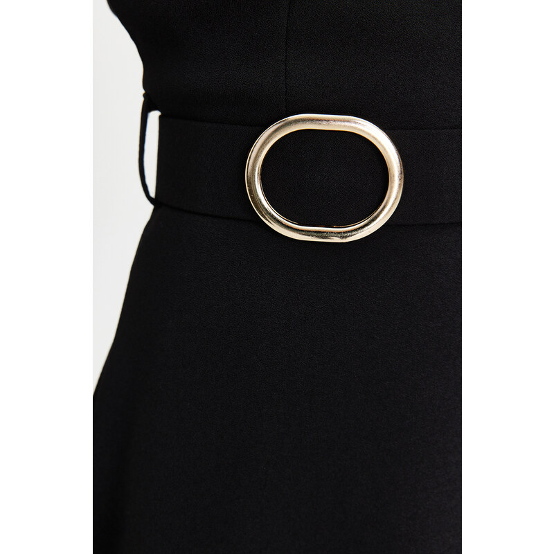 Trendyol Black Belted Skirt Flounced Midi Crepe Woven Dress