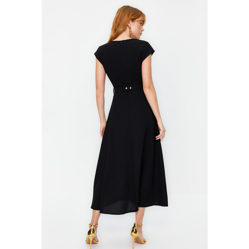 Trendyol Black Belted Skirt Flounced Midi Crepe Woven Dress