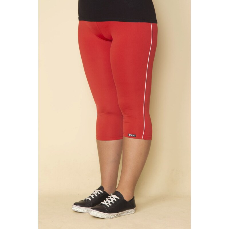 Şans Women's Plus Size Red Lycra Jersey Leggings with Side Stripes Trousers