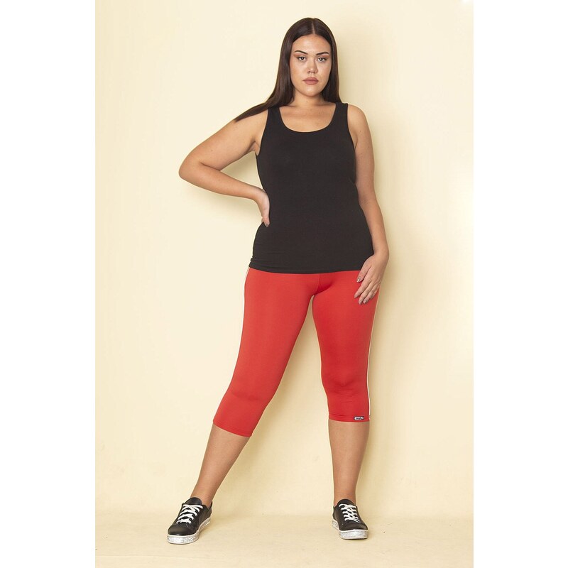 Şans Women's Plus Size Red Lycra Jersey Leggings with Side Stripes Trousers