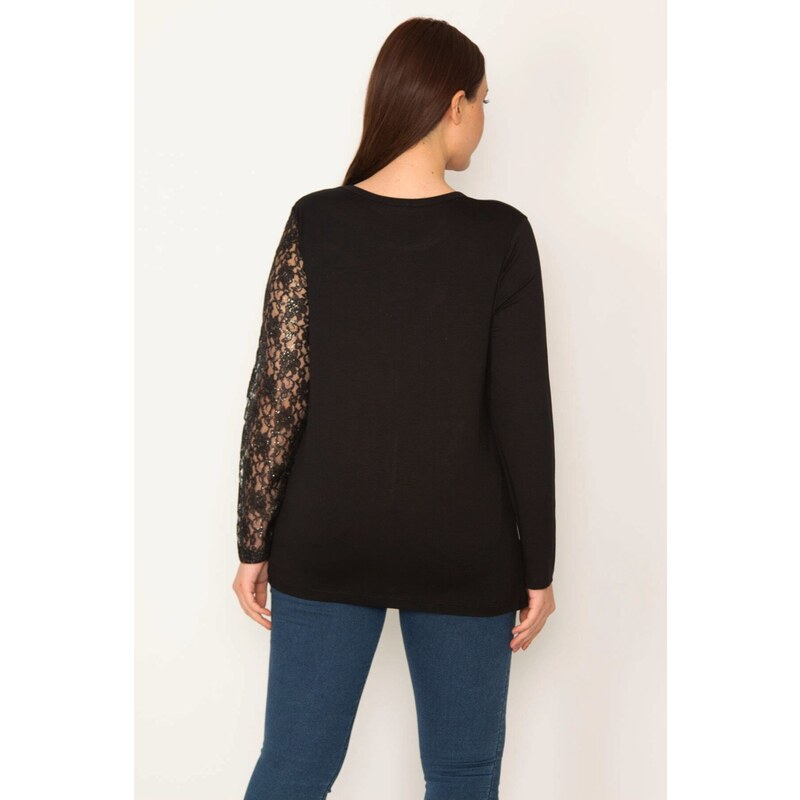 Şans Women's Plus Size Black Lace Detailed Blouse